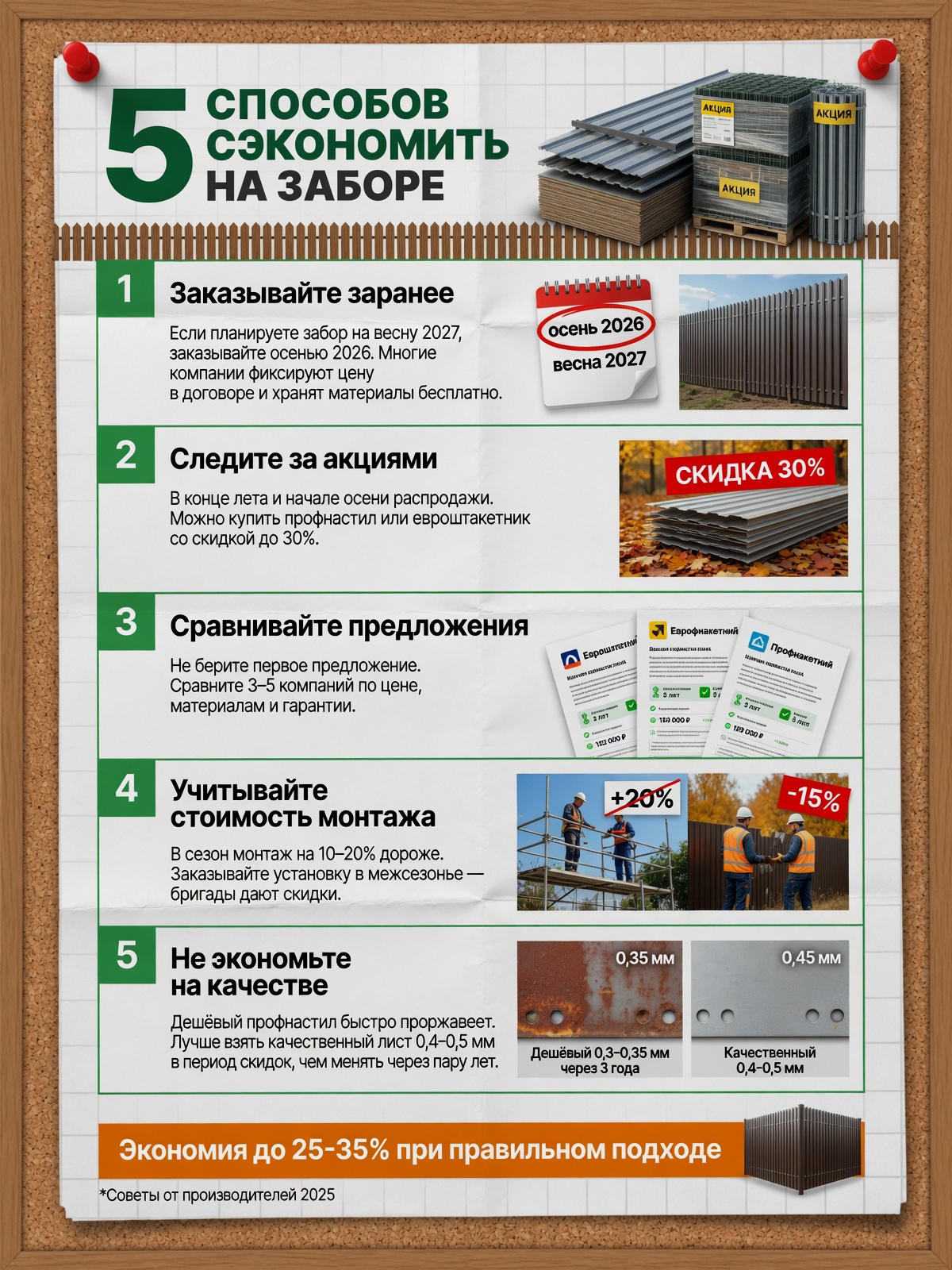 5 способов сэкономить на заборе из профнастила и евроштакетника