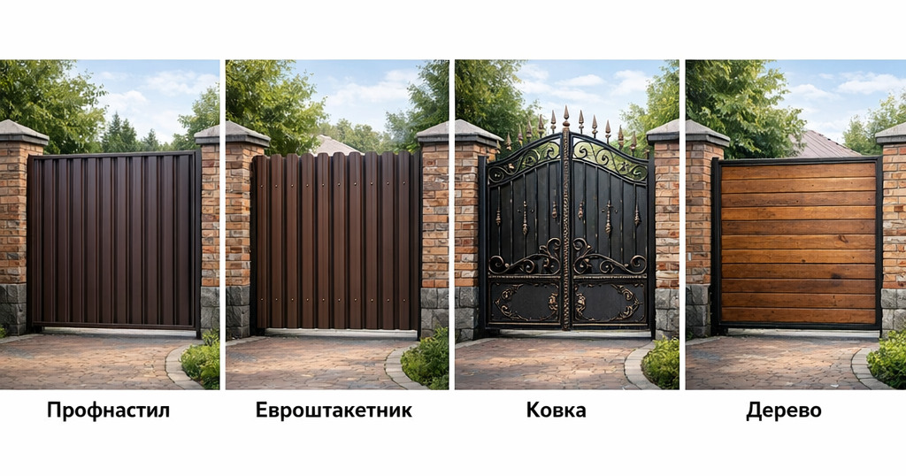 Варианты обшивки ворот: профнастил, евроштакетник, ковка, дерево