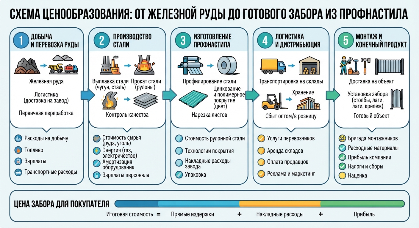 Как формируется цена на забор из профнастила: от руды до готового ограждения
