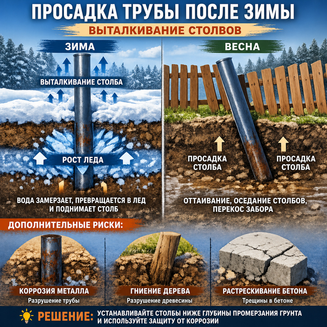 Схема морозного пучения грунта и выталкивания столбов забора