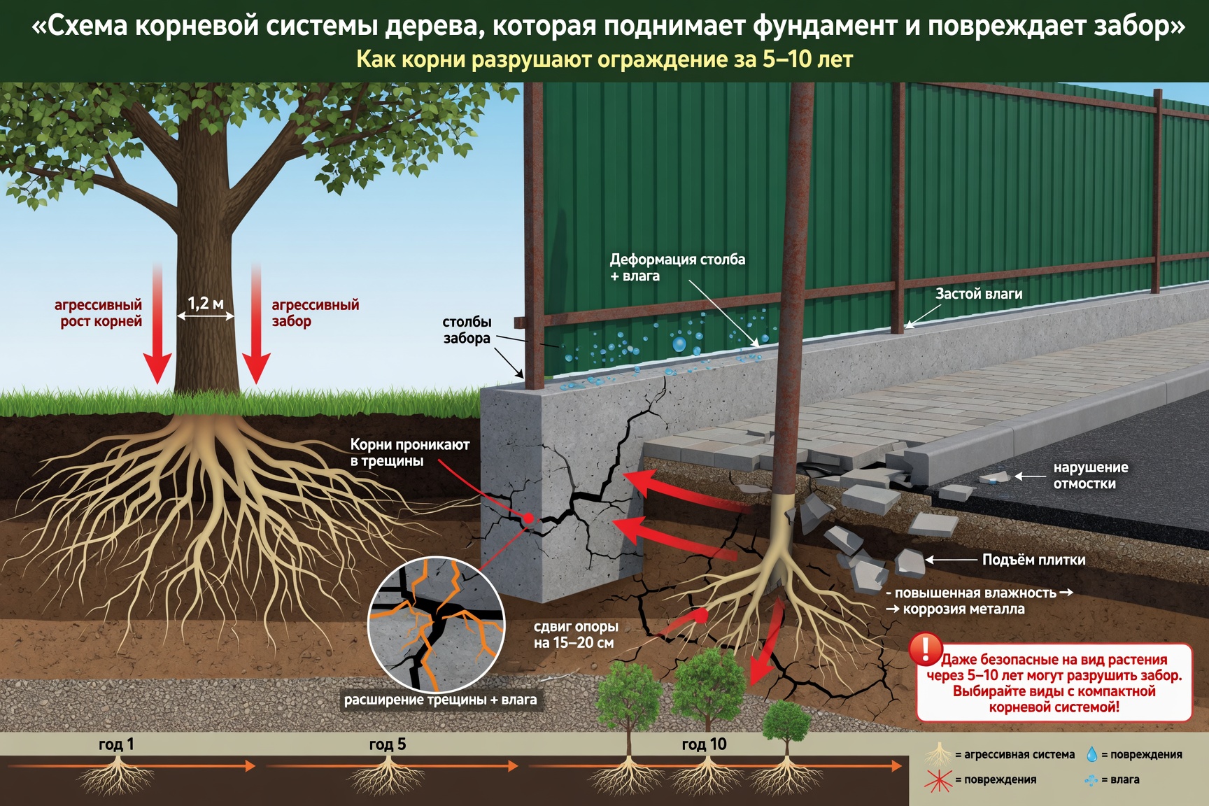 Схема повреждения забора корневой системой дерева