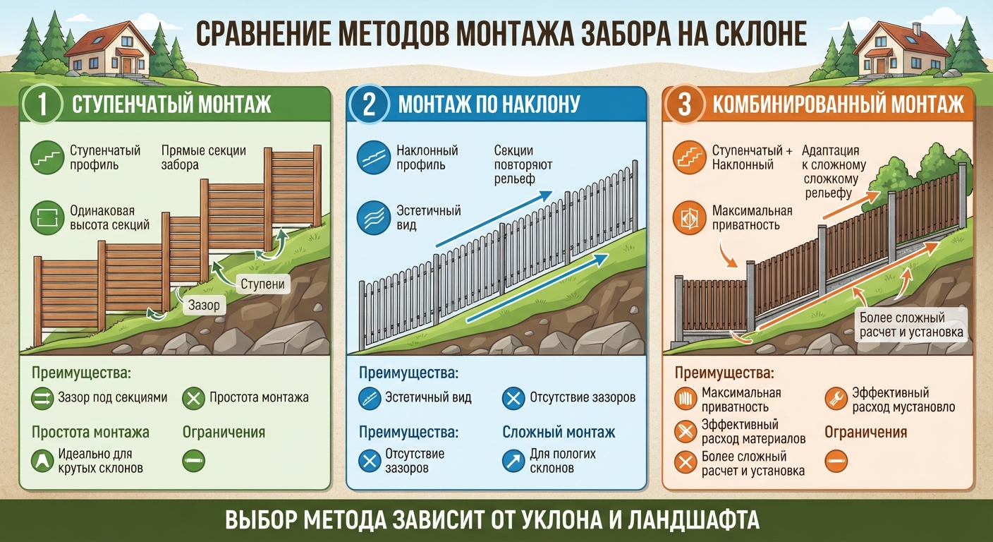 Способы установки забора на склоне: сравнение методов