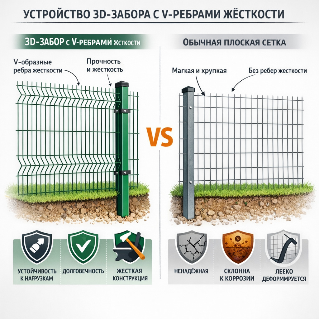 Устройство 3D-забора: рёбра жесткости и преимущества сварных панелей