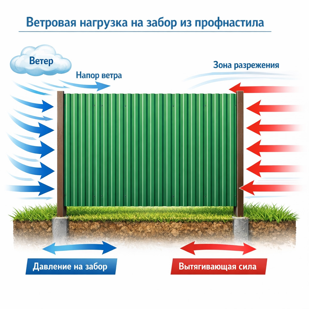 Схема ветровой нагрузки на забор из профнастила