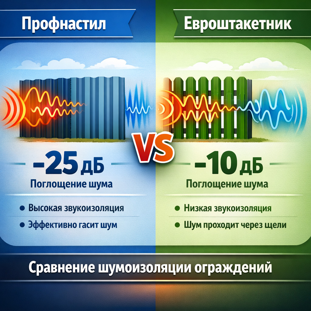 Сравнение шумоизоляции профнастила и евроштакетника