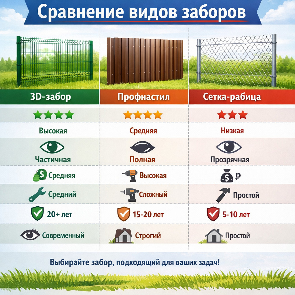 Сравнение 3D-забора, профнастила и сетки-рабицы по ключевым характеристикам