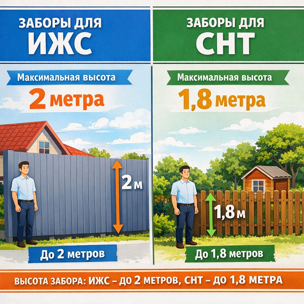 Сравнение норм высоты забора для участков ИЖС и СНТ в 2026 году