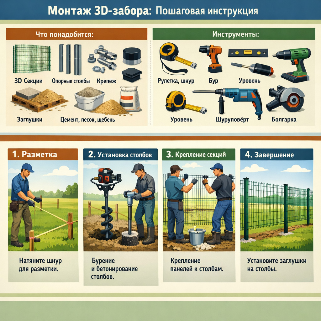 Пошаговая инструкция по установке 3D-забора