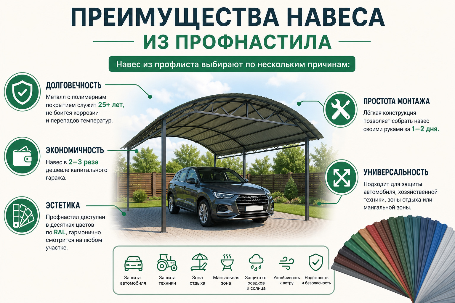 Преимущества навеса для авто из профнастила