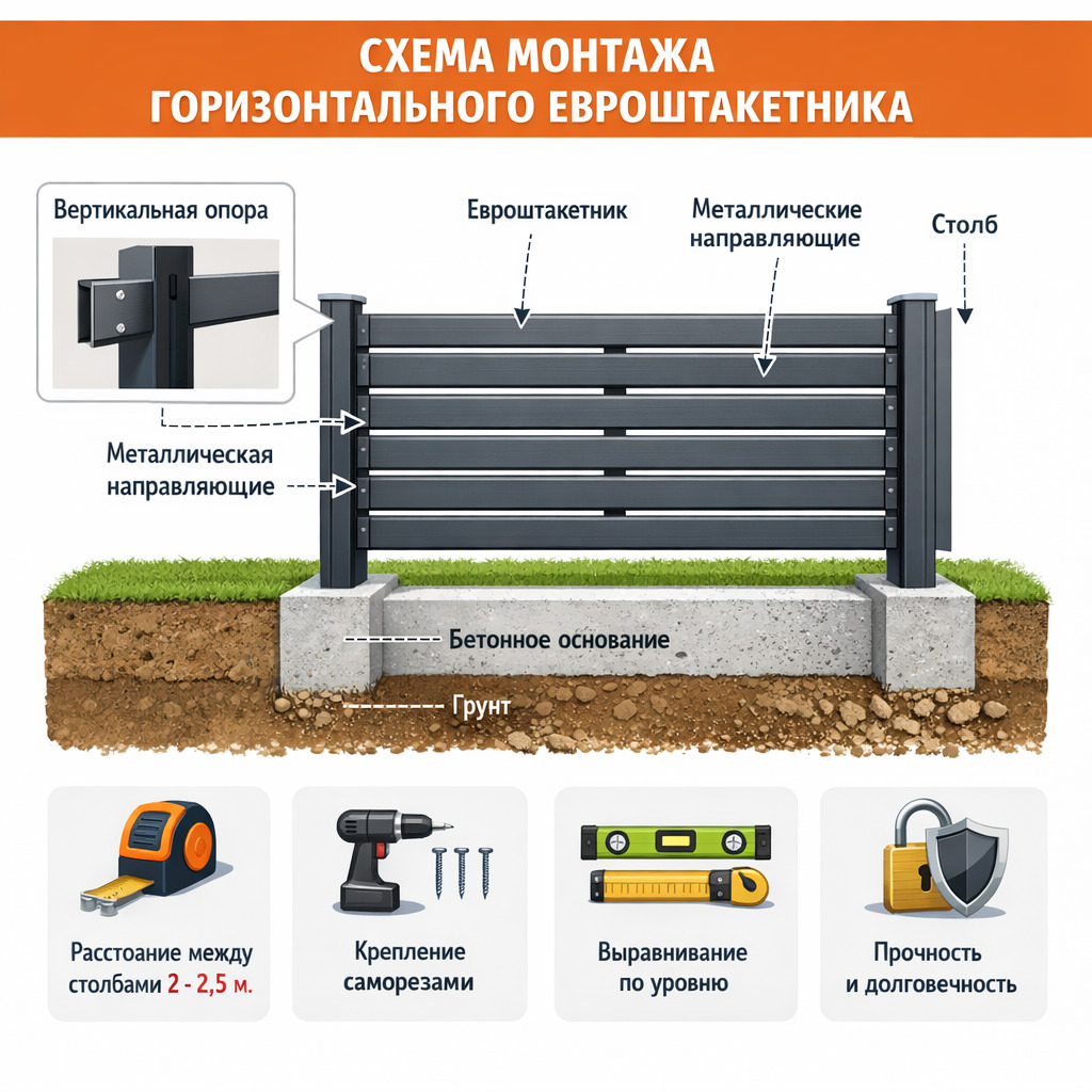 Схема монтажа горизонтального евроштакетника