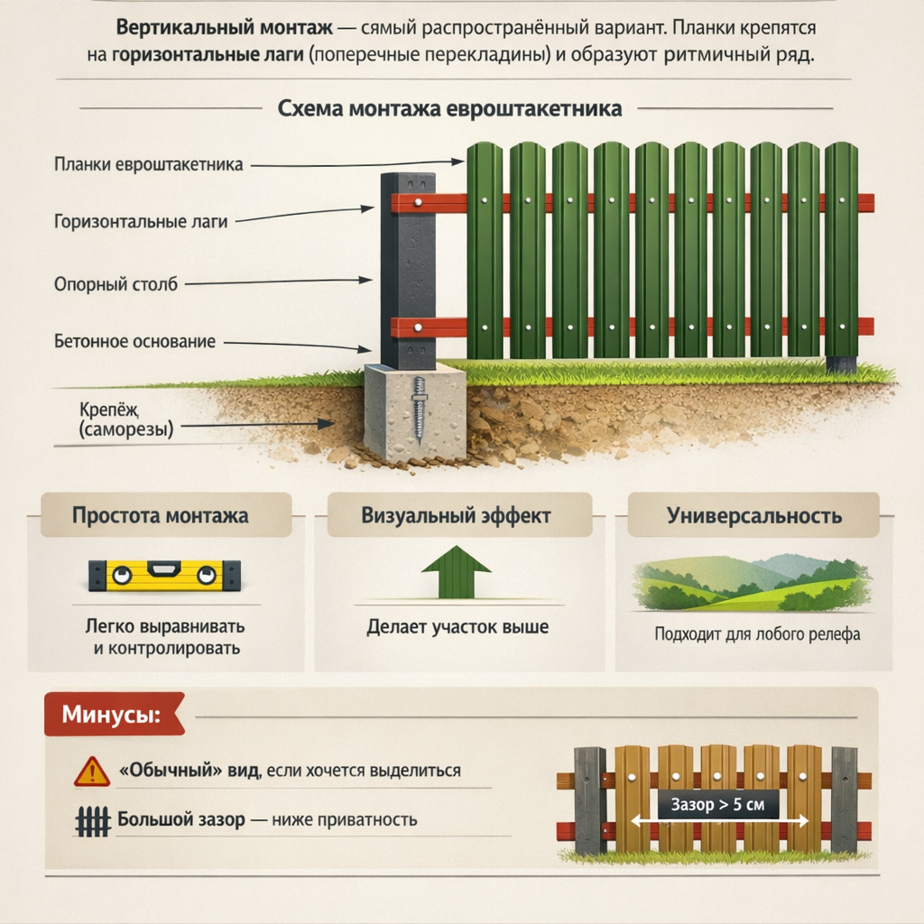 Схема монтажа вертикального евроштакетника