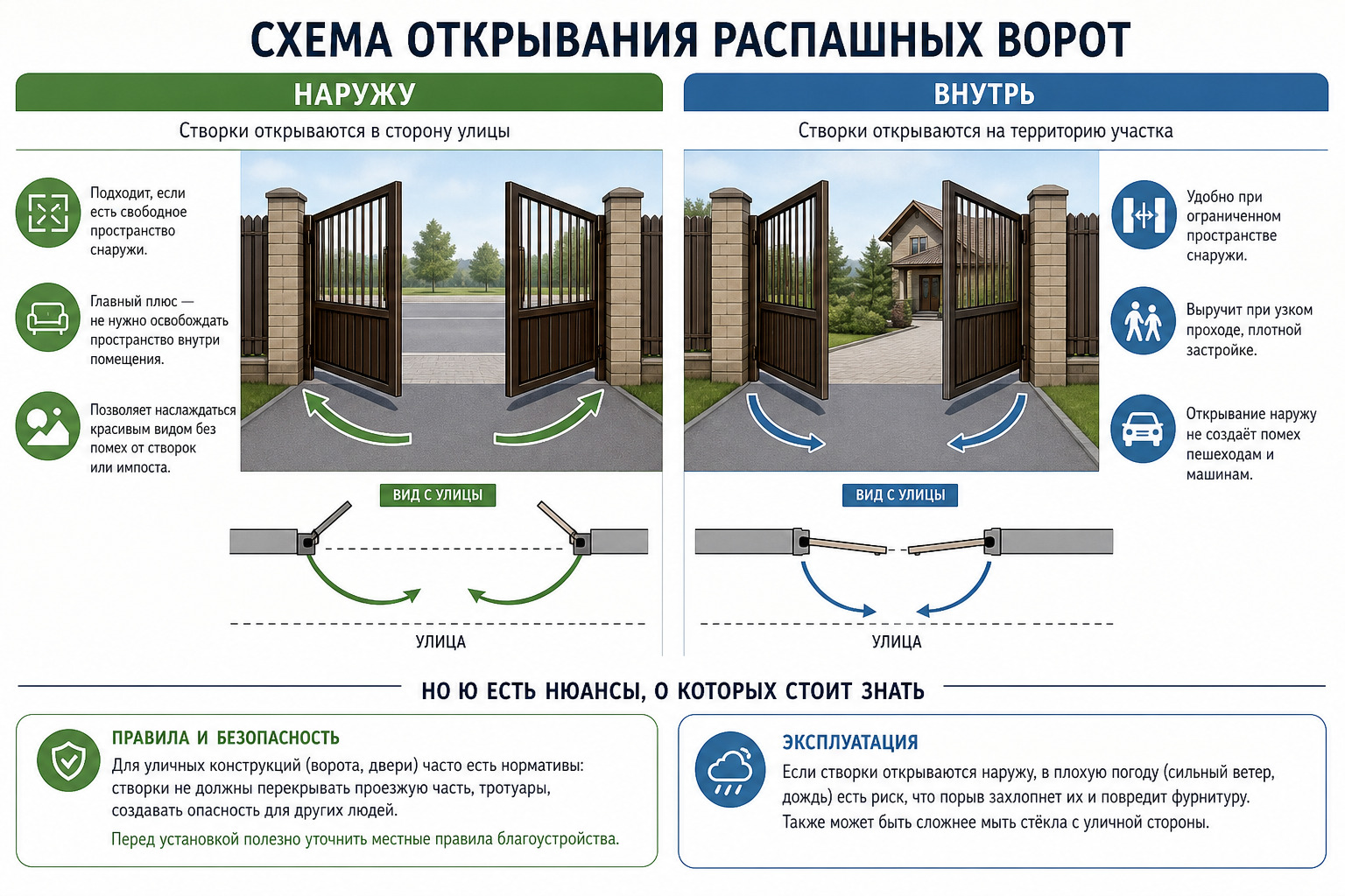Схема открывания распашных ворот: наружу и внутрь