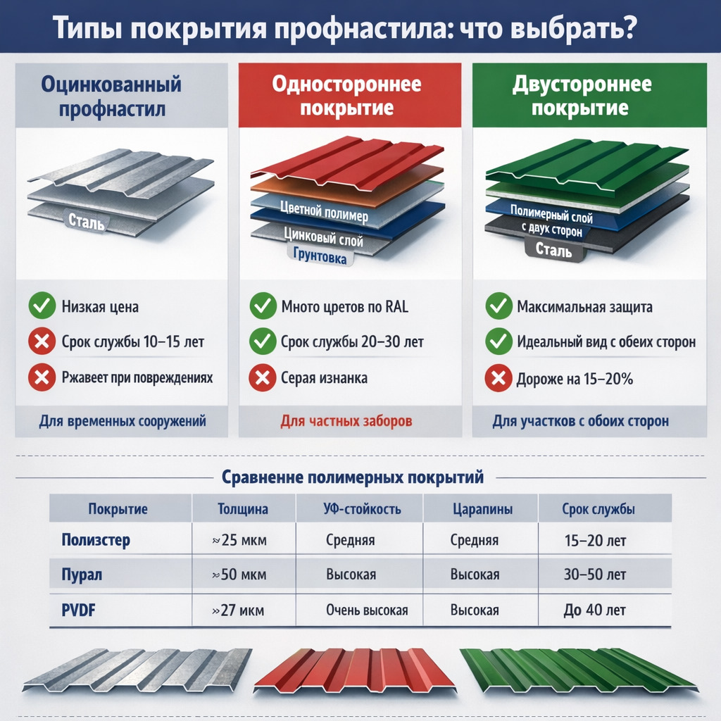 Схема слоёв покрытия профнастила: сталь, оцинковка, полимер