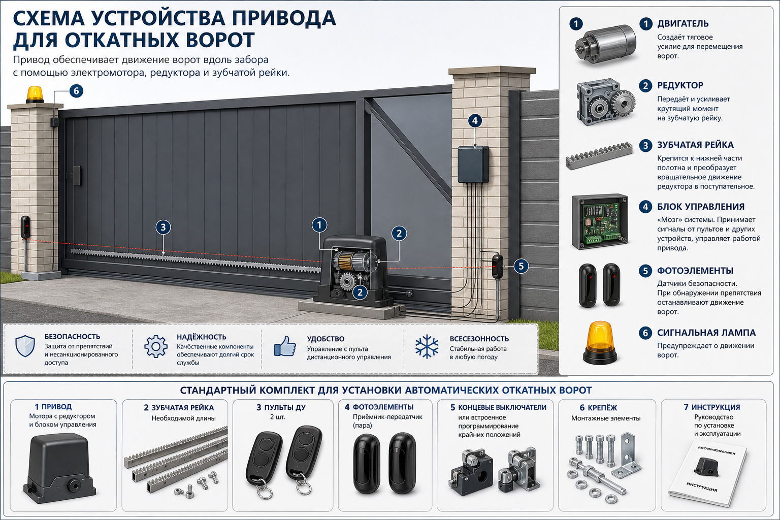 Схема устройства привода для откатных ворот