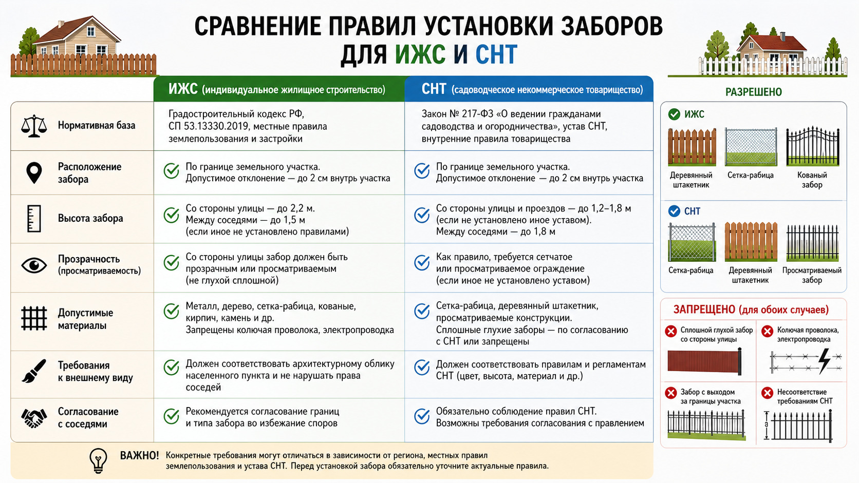 Сравнение правил установки заборов для ИЖС и СНТ