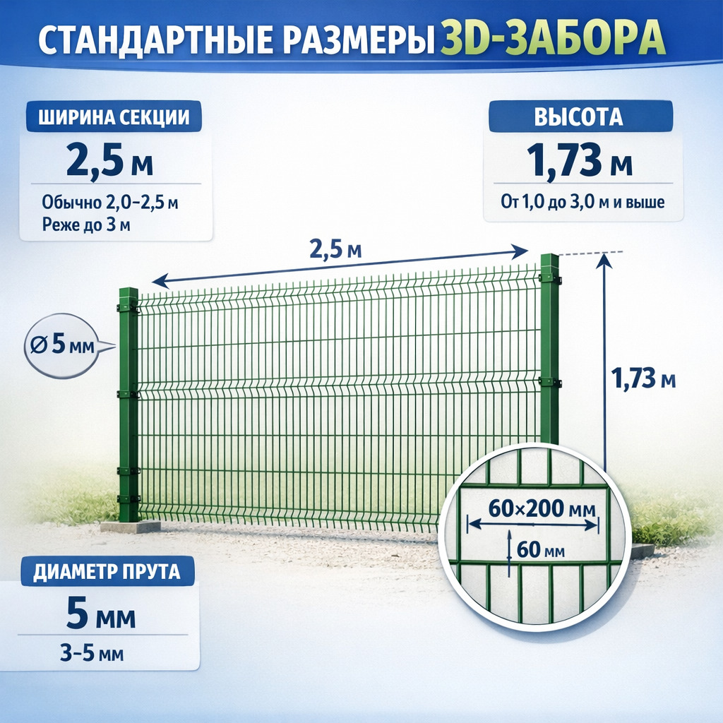 Стандартные размеры 3D-забора: ширина, высота, толщина прута и ячейка