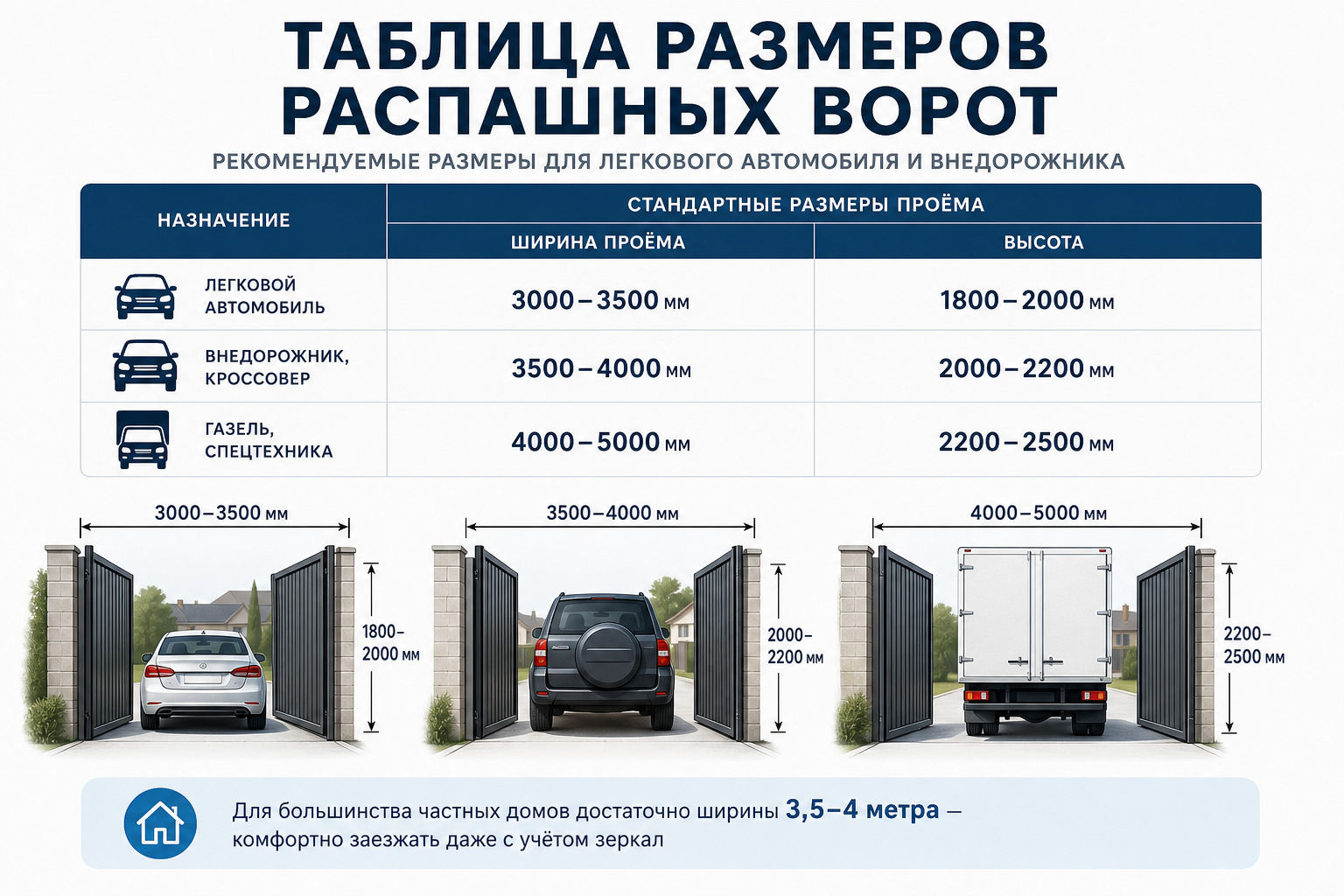 Таблица рекомендуемых размеров распашных ворот