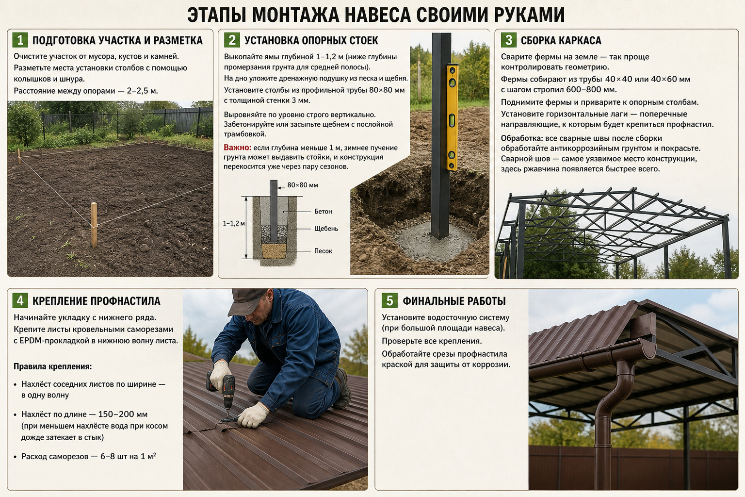 Установка опорных столбов для навеса из профнастила