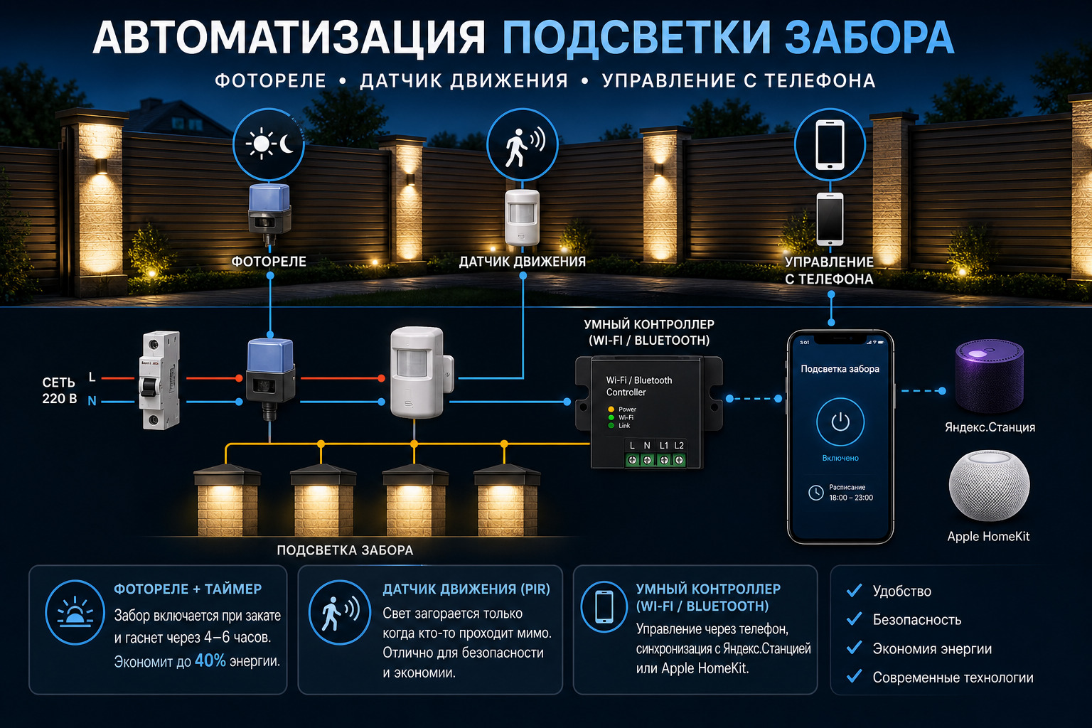 Автоматизация подсветки забора: фотореле, датчик движения, умный контроллер