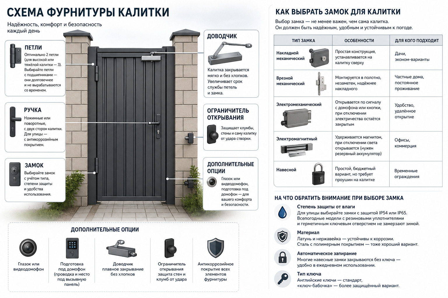 Фурнитура калитки: петли, ручка, замок, доводчик