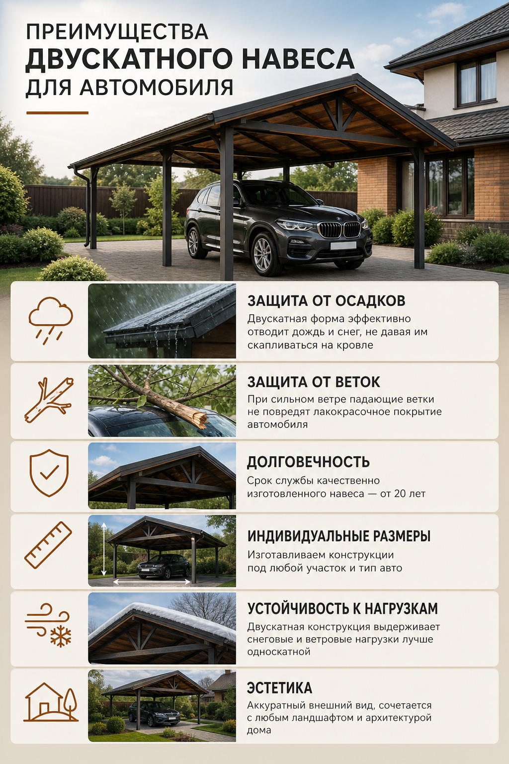 Преимущества двускатного навеса для автомобиля