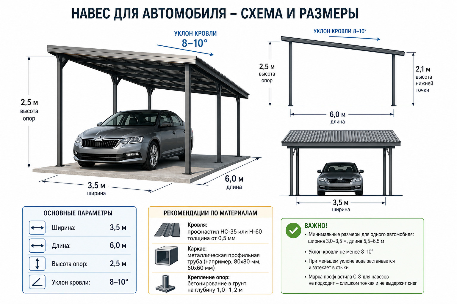 Размеры навеса для машины: схема с параметрами