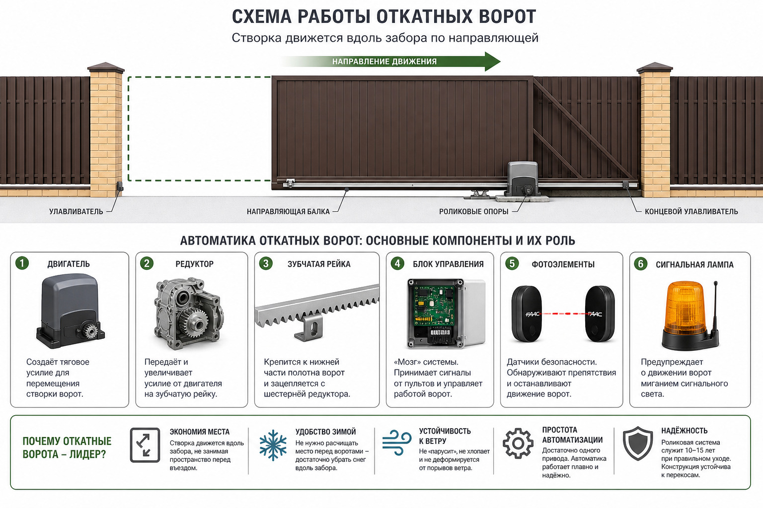 Схема работы откатных ворот: экономия места вдоль забора