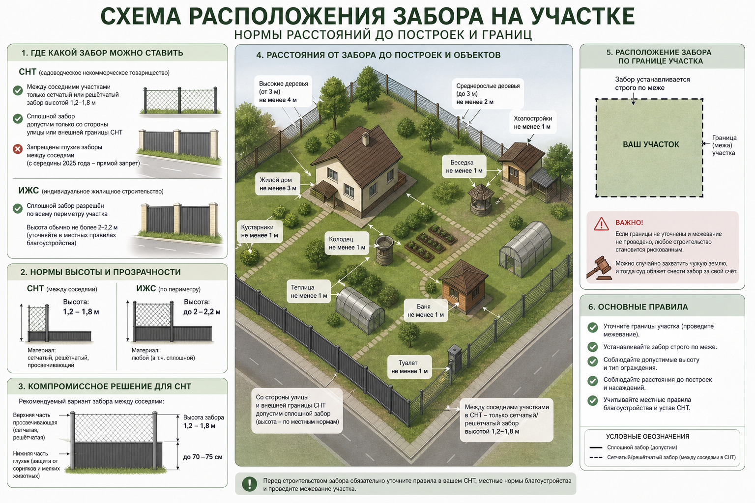 Схема расположения забора на участке в СНТ: расстояния до дома и построек