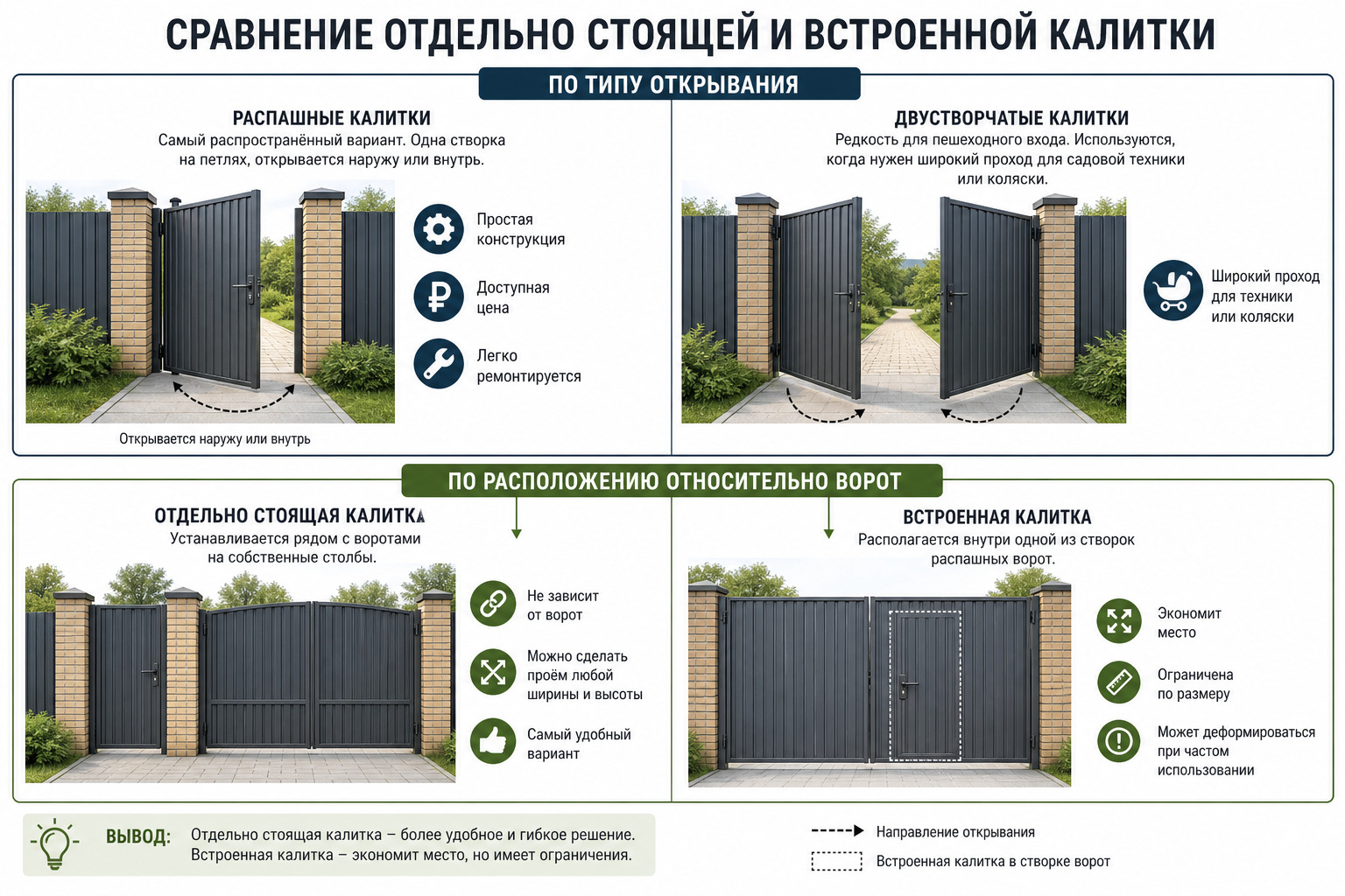 Сравнение отдельно стоящей и встроенной калитки