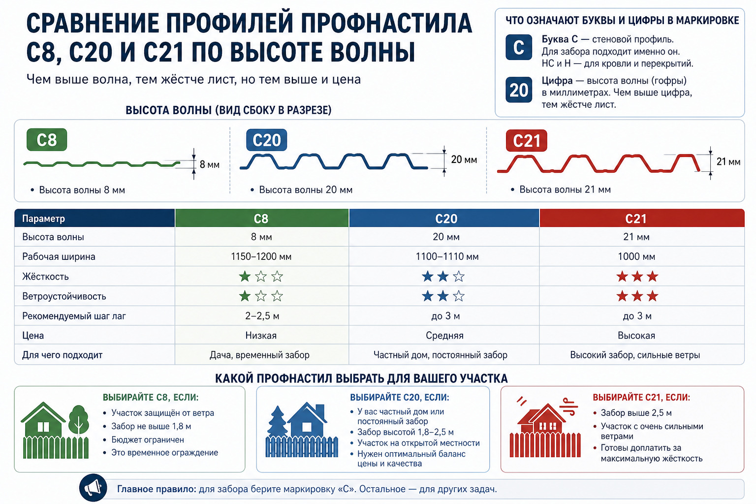 Сравнение профнастила C8, C20 и C21: что лучше для забора?