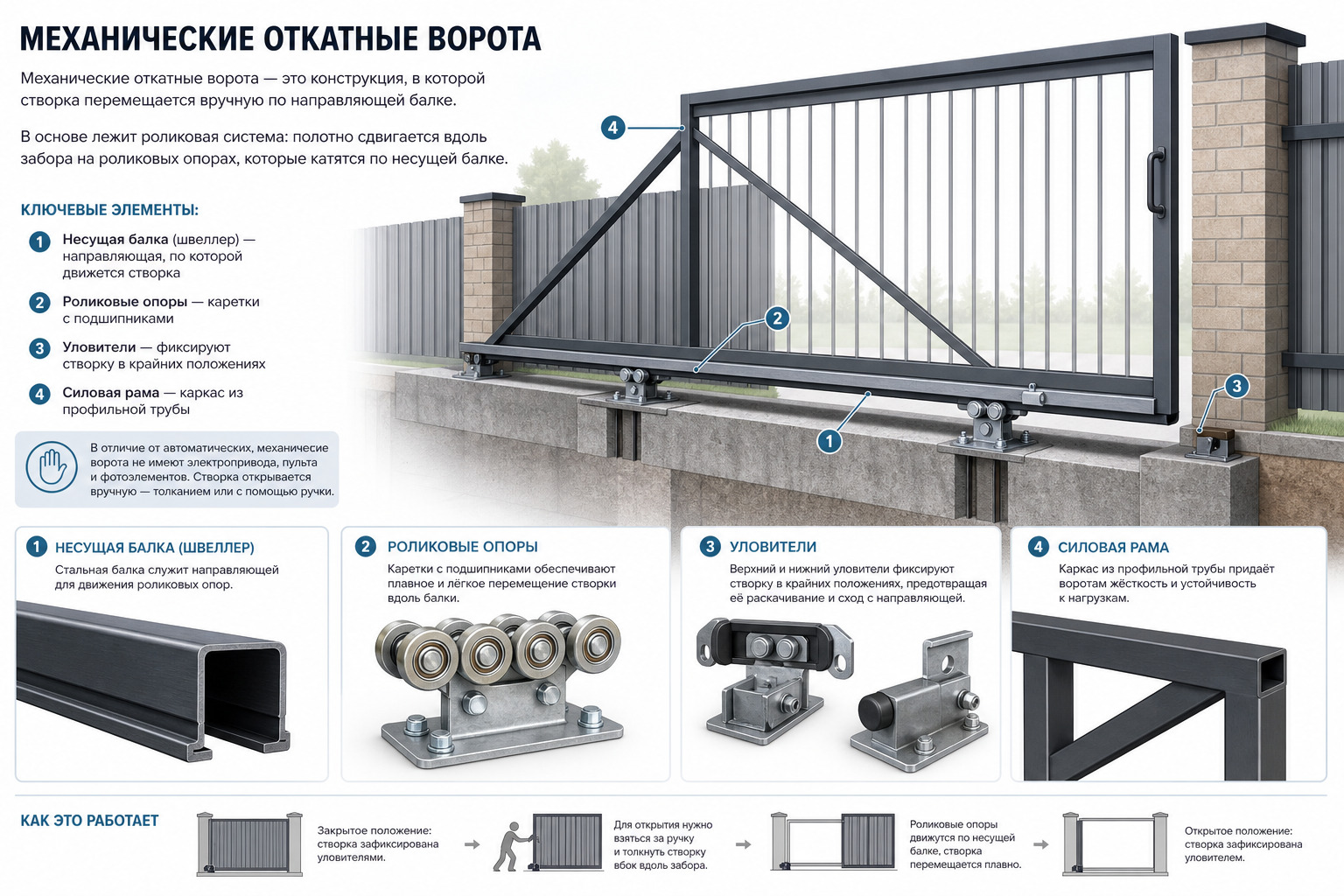 Устройство механических откатных ворот: схема конструкции